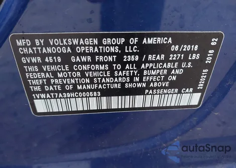 2017 Volkswagen Passat 1.8T S из США, поврежденный, VIN 1VWAT7A39HC000583